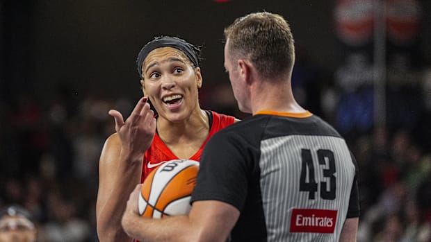 Atlanta Dream forward Brionna Jones reacts to a call during the game against the Indiana Fever