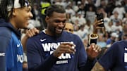 May 26, 2025; Minneapolis, Minnesota, USA; Minnesota Timberwolves center Naz Reid (11) reacts before the game against the Oklahoma City Thunder game four of the western conference finals for the 2025 NBA Playoffs at Target Center. Mandatory Credit: Bruce Kluckhohn-Imagn Images