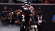 Sep 28, 2025; Atlanta, Georgia, USA; Atlanta Falcons free safety Jessie Bates (3) is introduced before a game against the Washington Commanders at Mercedes-Benz Stadium. Mandatory Credit: Brett Davis-Imagn Images