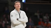 Nov 15, 2025; Nashville, Tennessee, USA;  Vanderbilt Commodores head coach Mark Byington watches against the Arkansas-Pine Bluff Golden Lions during the second half at Memorial Gymnasium. Mandatory Credit: Steve Roberts-Imagn Images