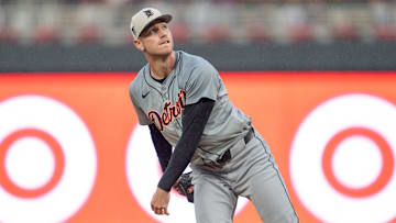 Jul 4, 2024; Minneapolis, Minnesota, USA; Detroit Tigers relief pitcher Joey Wentz (43) pitches in the sixth inning against the Minnesota Twins at Target Field.