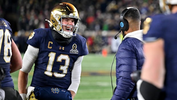 Notre Dame quarterback Riley Leonard and head coach Marcus Freeman during a College Football Playoff win over Indian