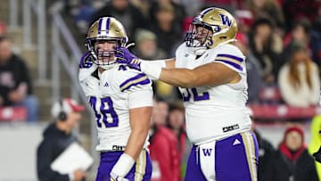 Nov 8, 2025; Madison, Wisconsin, USA;  Washington Huskies defensive end Jacob Lane (48) celebrates following a play during the second quarter against the Wisconsin Badgers at Camp Randall Stadium. Mandatory Credit: Jeff Hanisch-Imagn Images