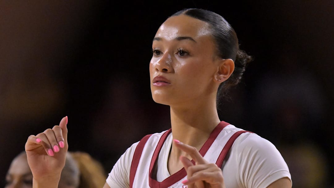 Jan 29, 2026; Los Angeles, California, USA;  USC Trojans guard Jazzy Davidson (9) warms up prior to the game against the Iowa Hawkeyes at Galen Center. Mandatory Credit: Jayne Kamin-Oncea-Imagn Images