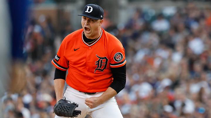 Jul 24, 2026; Detroit, Michigan, USA;  Detroit Tigers pitcher Tarik Skubal (29) celebrates after the third inning against the Kansas City Royals at Comerica Park. Mandatory Credit: Rick Osentoski-Imagn Images