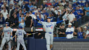 Nov 1, 2025; Toronto, Ontario, CAN; Los Angeles Dodgers two-way player Shohei Ohtani (17) reacts as second baseman Miguel Rojas (not pictured) hits a home run against the Toronto Blue Jays in the ninth inning for game seven of the 2025 MLB World Series at Rogers Centre. Mandatory Credit: Nick Turchiaro-Imagn Images