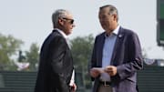 Baseball commissioner Rob Manfred and Cubs chairman Tom Ricketts talk before Major League Baseball and the Chicago Cubs announce the 2027 All Star game at Wrigley Field on Aug. 1.
