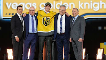 Jun 28, 2024; Las Vegas, Nevada, USA; Trevor Connelly is selected by the Vegas Golden Knights with the 19th overall pick in the first round of the 2024 NHL Draft at The Sphere. Mandatory Credit: Stephen R. Sylvanie-Imagn Images