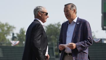 Baseball commissioner Rob Manfred and Cubs chairman Tom Ricketts talk before Major League Baseball and the Chicago Cubs announce the 2027 All Star game at Wrigley Field on Aug. 1.