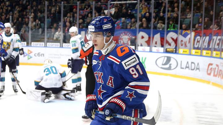 Ivan Demidov (91) SKA Hockey Club seen in action during the...
