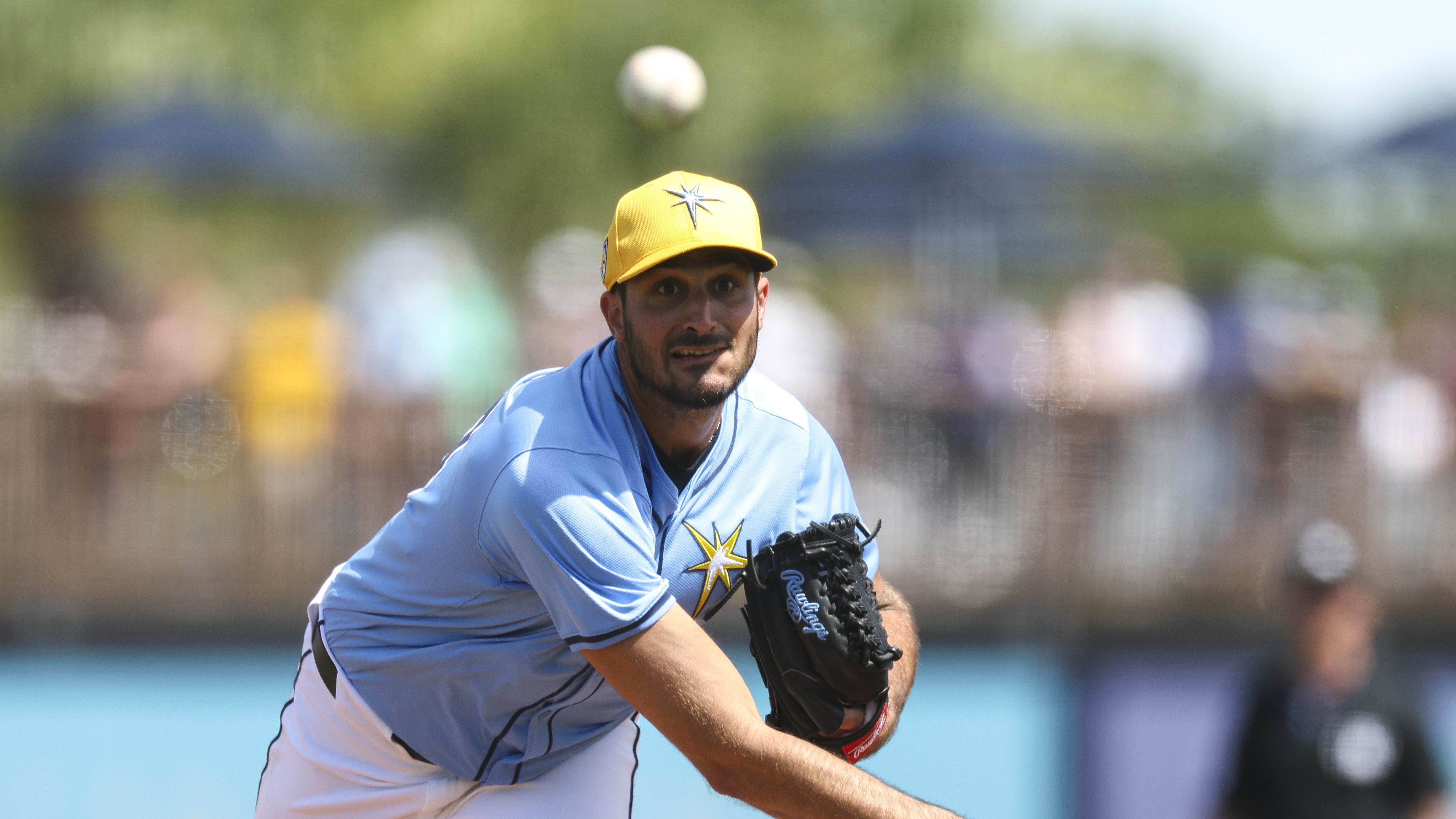 Mar 11, 2024; Port Charlotte, Florida, USA;  Tampa Bay Rays starting pitcher Zach Eflin (24) throws a pitch in Spring Training.