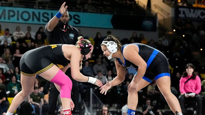 Iowa’s Kylie Welker wrestles Grand Valley's Sabrina Nauss during the National Collegiate Women’s Wrestling Championship finals Saturday, March 8, 2025 at Xtream Arena in Coralville, Iowa.