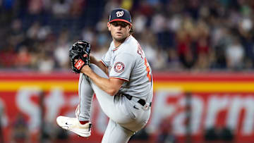 May 30, 2025; Phoenix, Arizona, USA; Washington Nationals pitcher Kyle Finnegan against the Arizona Diamondbacks at Chase Field. Mandatory Credit: Mark J. Rebilas-Imagn Images