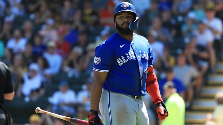 Mar 21, 2026; Bradenton, Florida, USA;  Toronto Blue Jays first baseman Vladimir Guerrero Jr. (27) strikes out during the third inning ]against the Pittsburgh Pirates at LECOM Park. Mandatory Credit: Kim Klement Neitzel-Imagn Images