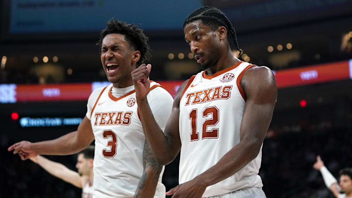 Feb 3, 2026; Austin, Texas, USA; Texas Longhorns guard Tramon Mark (12) and Texas Longhorns guard Dailyn Swain (3).