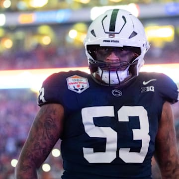 Penn State Nittany Lions offensive lineman Nick Dawkins is on the field for the Fiesta Bowl vs. the Boise State Broncos.