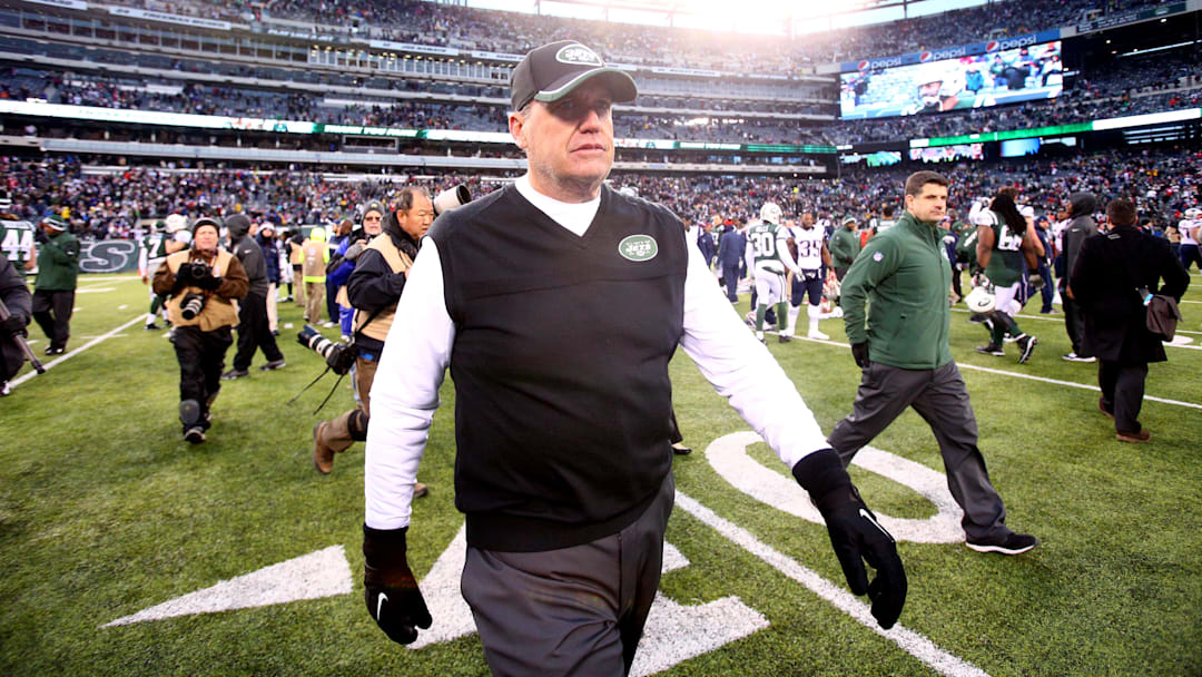 Dec 21, 2014; East Rutherford, NJ, USA; New York Jets head coach Rex Ryan walks off the field after losing to the New England Patriots at MetLife Stadium. The Patriots defeated the Jets 17-16.