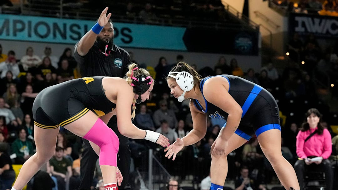 Iowa’s Kylie Welker wrestles Grand Valley's Sabrina Nauss during the National Collegiate Women’s Wrestling Championship finals Saturday, March 8, 2025 at Xtream Arena in Coralville, Iowa.