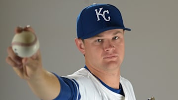 Feb 19, 2025; Surprise, AZ, USA; Kansas City Royals relief pitcher Chandler Champlain (93) poses for a photo during media day at Camelback Ranch. Mandatory Credit: Jayne Kamin-Oncea-Imagn Images  