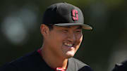 Mar 1, 2025; Stanford, CA, USA; Stanford Cardinal first baseman Rintaro Sasaki (3) stands on the field before the game against the Xavier Musketeers at Sunken Diamond. Mandatory Credit: Darren Yamashita-Imagn Images