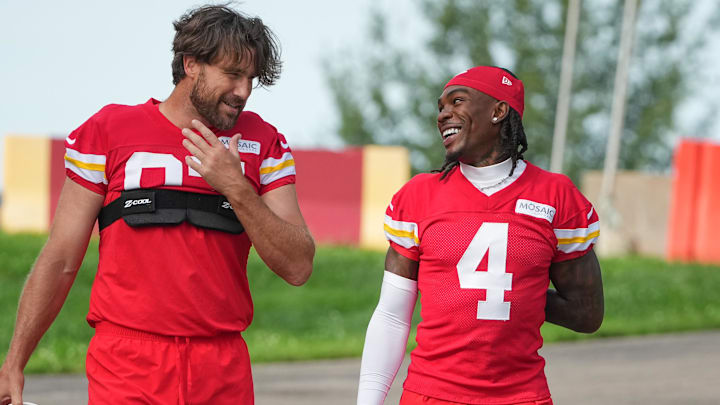 Jul 22, 2025; St. Joseph, MO, USA; Kansas City Chiefs tight end Travis Kelce (87) and wide receiver Rashee Rice (4) walk down the hill to the fields prior to training camp at Missouri Western State University. Mandatory Credit: Denny Medley-Imagn Images Jul 22, 2025; St. Joseph, MO, USA; Kansas City Chiefs tight end Travis Kelce (87) and wide receiver Rashee Rice (4) walk down the hill to the fields prior to training camp at Missouri Western State University. Mandatory Credit: Denny Medley-Imagn Images