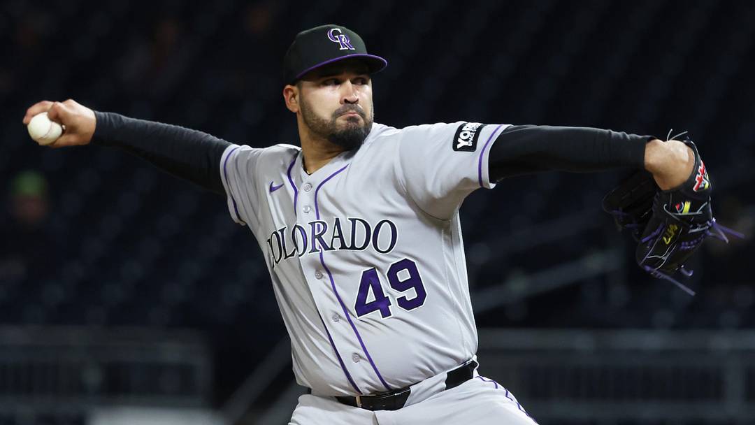 May 13, 2026; Pittsburgh, Pennsylvania, USA;  Colorado Rockies relief pitcher Antonio Senzatela (49) pitches against the Pittsburgh Pirates during the sixth inning at PNC Park. Mandatory Credit: Charles LeClaire-Imagn Images