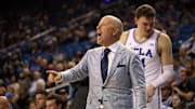 Nov 7, 2025; Los Angeles, California, USA;  UCLA Bruins head coach Mick Cronin reacts to a play during the second half against the Pepperdine Waves at Pauley Pavilion presented by Wescom Financial. Mandatory Credit: Kiyoshi Mio-Imagn Images