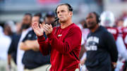 Oct 25, 2025; Columbia, South Carolina, USA; South Carolina Gamecocks head coach Shane Beamer reacts to a play against the Alabama Crimson Tide in the second quarter at Williams-Brice Stadium. Mandatory Credit: Jeff Blake-Imagn Images