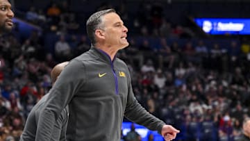 Mar 12, 2025; Nashville, TN, USA; LSU Tigers head coach Matt McMahon yells to his team against the Mississippi State Bulldogs during the first half at Bridgestone Arena. Mandatory Credit: Steve Roberts-Imagn Images