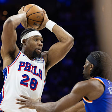 Jan 15, 2025; Philadelphia, Pennsylvania, USA; Philadelphia 76ers forward Guerschon Yabusele (28) in action against the New York Knicks during the fourth quarter at Wells Fargo Center. Mandatory Credit: Bill Streicher-Imagn Images
