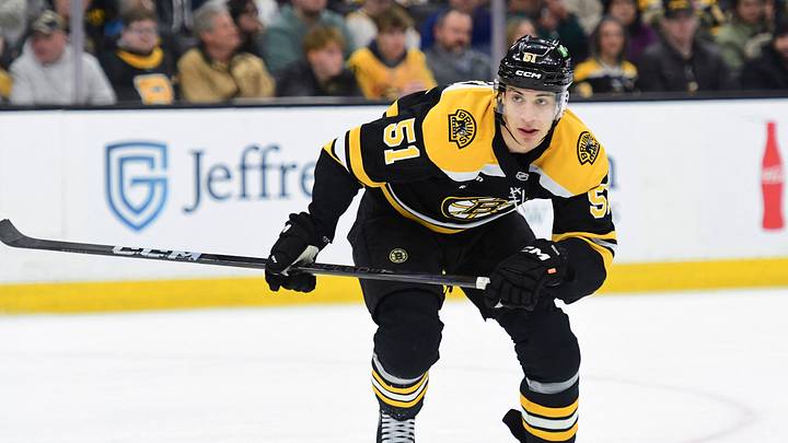 Feb 4, 2025; Boston, Massachusetts, USA; Boston Bruins center Matthew Poitras (51) skates in the offensive zone during the first period against the Minnesota Wild at TD Garden. Mandatory Credit: Bob DeChiara-Imagn Images