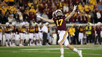 Oct 11, 2025; Minneapolis, Minnesota, USA; Minnesota Golden Gophers defensive back John Nestor (17) celebrates against the Purdue Boilermakers during the second half at Huntington Bank Stadium. Mandatory Credit: Matt Krohn-Imagn Images