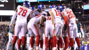 Jan 21, 2023; Philadelphia, Pennsylvania, USA; The New York Giants huddle up against the Philadelphia Eagles during an NFC divisional round game at Lincoln Financial Field. Mandatory Credit: Bill Streicher-USA TODAY Sports