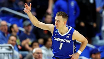 Mar 22, 2025; Lexington, KY, USA;  Creighton Bluejays guard Steven Ashworth (1) celebrates after a play during the first half against the Auburn Tigers in the second round to the NCAA Tournament at Rupp Arena. Mandatory Credit: Jordan Prather-Imagn Images