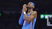 May 22, 2025; Oklahoma City, Oklahoma, USA; Oklahoma City Thunder guard Shai Gilgeous-Alexander (2) reacts after a play against the Minnesota Timberwolves in the third quarter during game two of the western conference finals for the 2025 NBA Playoffs at Paycom Center.