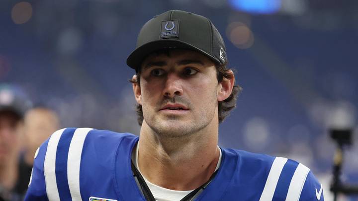 Indianapolis Colts quarterback Daniel Jones walks off the field