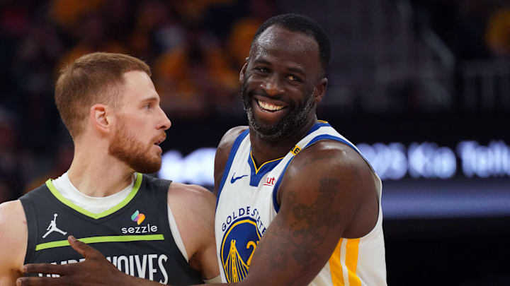 May 10, 2025; San Francisco, California, USA; Minnesota Timberwolves guard Donte DiVencenzo (0) and Golden State Warriors forward Draymond Green (23) come together in the second quarter during game three in the second round of the 2025 NBA Playoffs at Chase Center. Mandatory Credit: David Gonzales-Imagn Images May 10, 2025; San Francisco, California, USA; Minnesota Timberwolves guard Donte DiVencenzo (0) and Golden State Warriors forward Draymond Green (23) come together in the second quarter during game three in the second round of the 2025 NBA Playoffs at Chase Center. Mandatory Credit: David Gonzales-Imagn Images