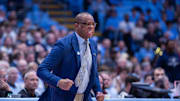 Nov 18, 2025; Chapel Hill, North Carolina, USA; North Carolina Tar Heels head coach Hubert Davis reacts after a missed play during the first half against the Navy Midshipmen at Dean E. Smith Center. 