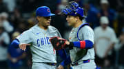 May 10, 2024; Pittsburgh, Pennsylvania, USA; Chicago Cubs relief pitcher Adbert Alzolay (73) is congratulated by catcher Miguel Amaya (9) after the Cubs defeated the Pittsburgh Pirates at PNC Park.