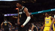 Apr 12, 2024; Memphis, Tennessee, USA; Memphis Grizzlies forward GG Jackson (45) reacts after a dunk during the second half against the Los Angeles Lakers at FedExForum. Mandatory Credit: Petre Thomas-USA TODAY Sports