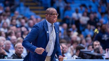 Nov 18, 2025; Chapel Hill, North Carolina, USA; North Carolina Tar Heels head coach Hubert Davis reacts after a missed play during the first half against the Navy Midshipmen at Dean E. Smith Center. 
