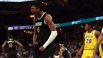 Apr 12, 2024; Memphis, Tennessee, USA; Memphis Grizzlies forward GG Jackson (45) reacts after a dunk during the second half against the Los Angeles Lakers at FedExForum. 