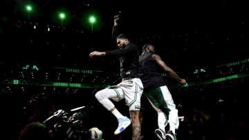 Apr 21, 2024; Boston, Massachusetts, USA; Boston Celtics forward Jayson Tatum (0) and guard Jaylen Brown.