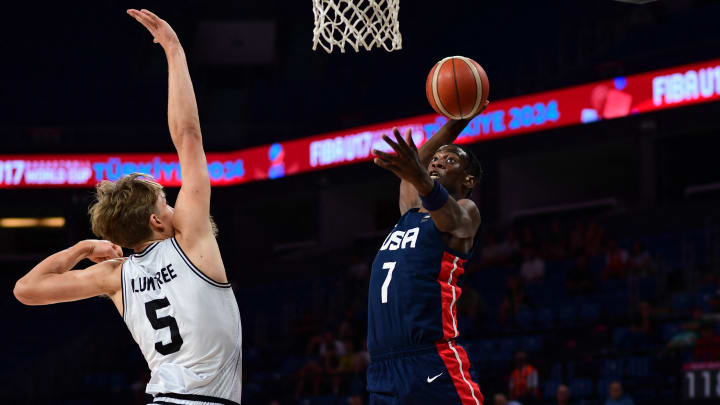 AJ Dybantsa rises to the rim against New Zealand in the FIBA U17 World Cup