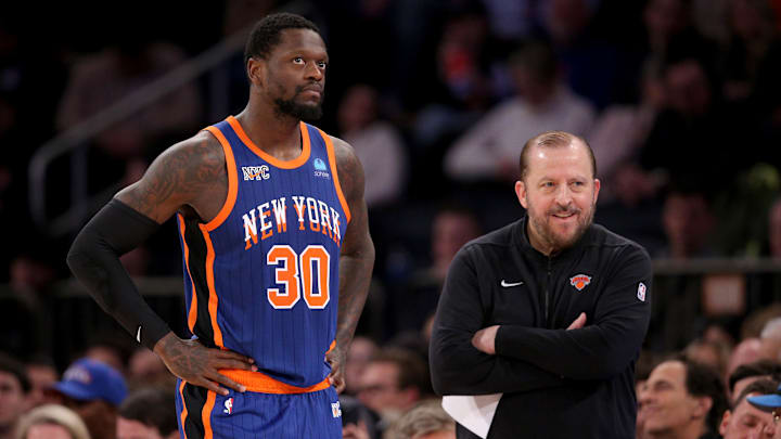 Jan 20, 2024; New York, New York, USA; New York Knicks forward Julius Randle (30) talks to head coach Tom Thibodeau during the second quarter against the Toronto Raptors at Madison Square Garden. Mandatory Credit: Brad Penner-Imagn Images