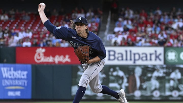 Seattle Mariners starting pitcher Logan Gilbert throws during a game against the St. Louis Cardinals on Saturday at Busch Stadium.