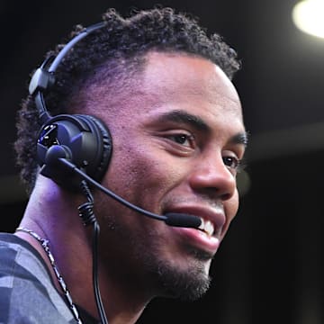 Former New York Giants running back Rashad Jennings speaks on radio row at the Super Bowl LI media center at the George R. Brown Convention Center.  