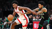 Nov 1, 2025; Boston, Massachusetts, USA; Houston Rockets forward Amen Thompson (1) drives to the basket during the first half against the Boston Celtics at TD Garden. Mandatory Credit: Paul Rutherford-Imagn Images