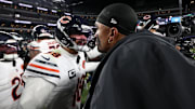 Nov 28, 2025; Philadelphia, Pennsylvania, USA; Chicago Bears quarterback Caleb Williams (18) speaks with Philadelphia Eagles quarterback Jalen Hurts (1) after the game at Lincoln Financial Field. Mandatory Credit: Bill Streicher-Imagn Images