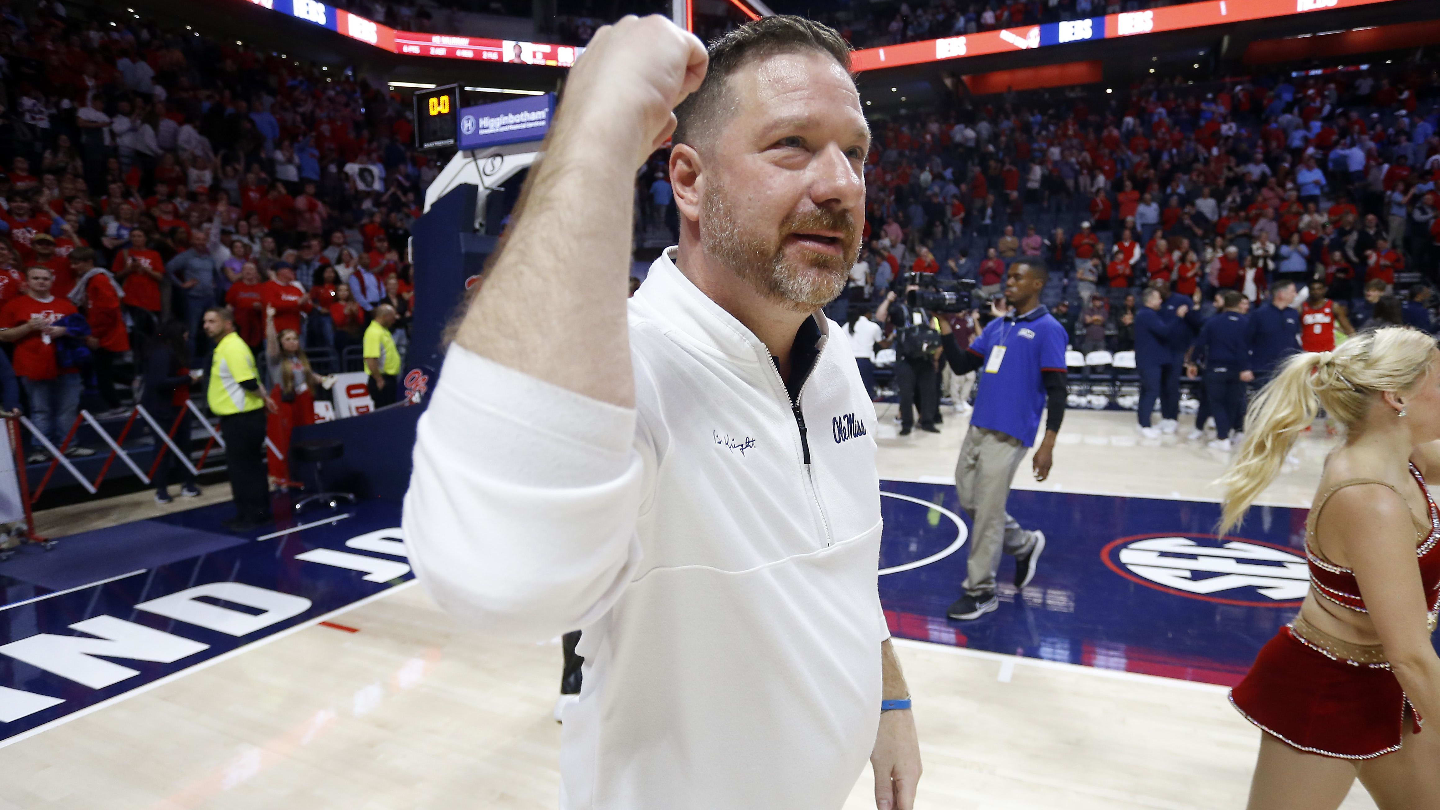 Ole Miss coach Chris Beard reacts after a win.